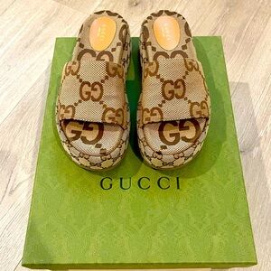 Gucci Angelina Macro GG Canvas Platform Sandals